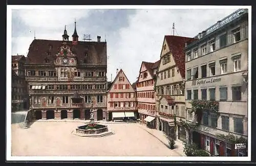 AK Tübingen a. N., Marktplatz mit Rathaus und Hotel Lamm