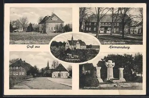 AK Hermannsburg, Volkshochschule, Billingstrasse, Kriegerdenkmal, Christianschule