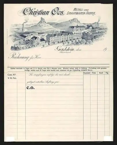Rechnung Gerolstein /Rheinland, Christian Oos, Metall- und Drahtwaren-Fabrik, Fabrikansicht gegen Berge und Burgruine