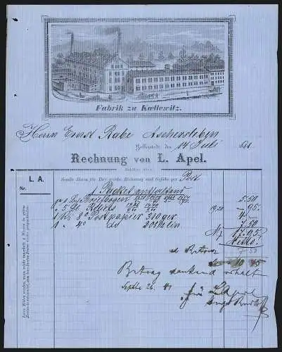 Rechnung Halberstadt 1881, Firma L. Apel, Die Fabrik zu Koettewitz mit abfahrender Transportkutsche