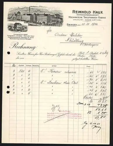 Rechnung Ebingen 1932, Reinhold Haux, Tricotwaren-Fabrik, Ansicht des Hauptwerks und die Filiale in Lautlingen