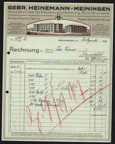 Rechnung Meiningen 1916, Gebr. Heinemann, Grossbetrieb für Papierverarbeitung & Buchdruckerei, Modellansicht der Fabrik