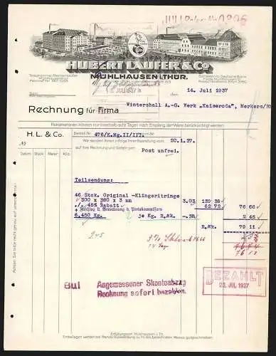 Rechnung Mühlhausen i. Thür. 1937, Hubert Laufer & Co., Ansicht zweier Betriebe und eine Schutzmarke