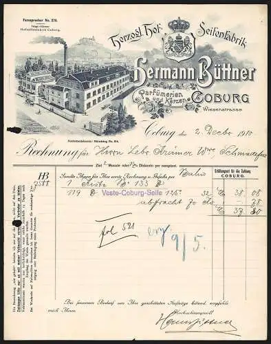 Rechnung Coburg 1910, Hermann Büttner, Seifenfabrik, Das Betriebsgelände mit der Feste im Hintergrund