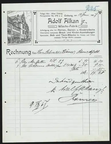 Rechnung Coburg 1907, Adolf Alkan jr., Wäsche-Fabrik, Blick auf die Ladenfront