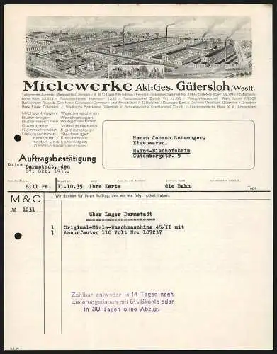 Rechnung Darmstadt 1935, Mielewerke AG Gütersloh, Haushaltsmaschinen-Fabrik, Betrieb mit Gleisanlage und Stammhäuser