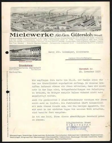 Rechnung Darmstadt 1939, Mielewerke AG Gütersloh, Haushaltsmaschinen-Fabrik, Hauptwerk und das Mielehaus Darmstadt