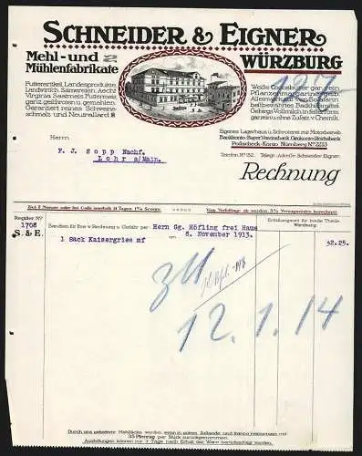 Rechnung Würzburg 1913, Schneider & Eigner, Mehl- & Mühlenfabrikate, Blick auf das Betriebsgelände