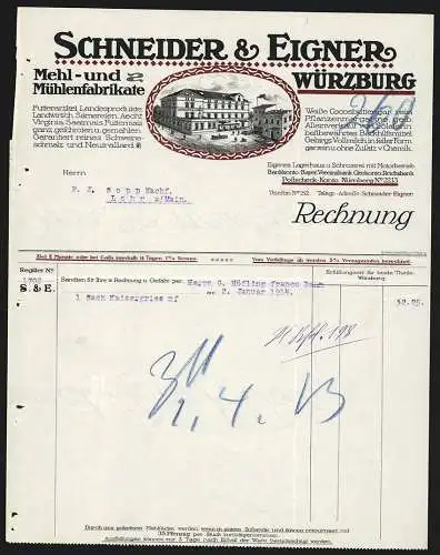 Rechnung Würzburg 1914, Schneider & Eigner, Mehl- & Mühlenfabrikate, Blick auf das Betriebsgelände