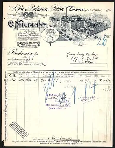 Rechnung Offenbach /Main 1913, C. Naumann, Seifen- & Parfümerie-Fabrik, Das Betriebsgelände, Schutzmarken