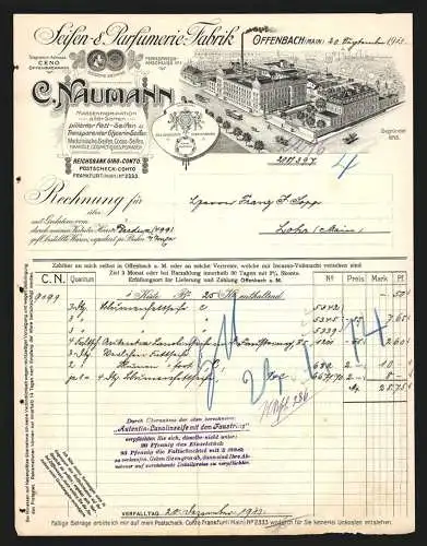 Rechnung Offenbach /Main 1913, C. Naumann, Seifen- & Parfümerie-Fabrik, Das Betriebsgelände und die Schutzmarken