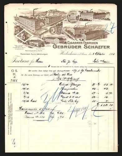 Rechnung Heidenheim a. d. Brenz 1913, Gebrüder Schaefer, Cigarren-Fabrik, Hauptwerk, 4 Filialwerke und das Stammhaus