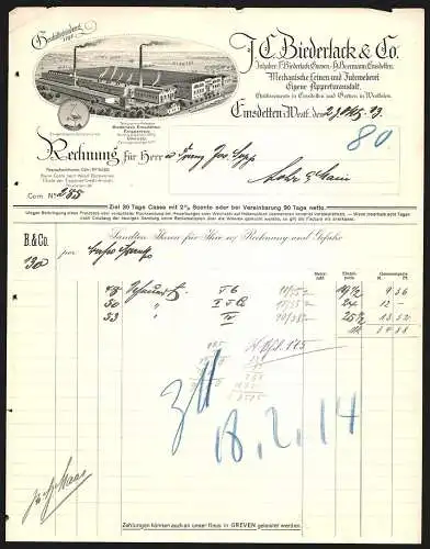 Rechnung Emsdetten i. Westf. 1913, J. C. Biederlack & Co., Leinen- & Jute-Weberei, Gesamt-Werksansicht und Schutzmarke