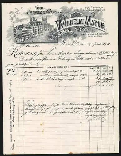 Rechnung Worms a. Rh. 1907, Wilhelm Mayer, Tuch- & Manufactur-Waaren, Das Geschäftsgebäude gegen den Dom