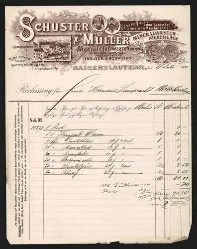 Rechnung Kaiserslautern 1901, Schuster & Müller, Gemischtwaren-Geschäft, Das Betriebsgelände und eine Messe-Medaille