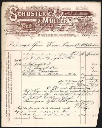 Rechnung Kaiserslautern 1901, Schuster & Müller, Gemischtwaren-Geschäft, Das Geschäftsgelände und eine Messe-Medaille