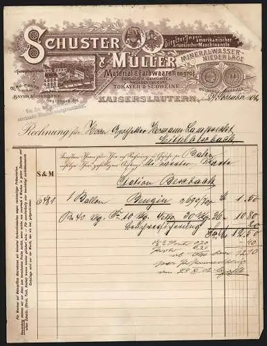 Rechnung Kaiserslautern 1902, Schuster & Müller, Gemischtwaren-Geschäft, Das Betriebsgelände und eine Messe-Medaille