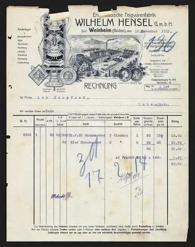 Rechnung Weinheim /Baden 1913, Wilhelm Hensel GmbH, Teigwarenfabrik, Das Betriebsgelände und Fabrikmarken mit Glocke