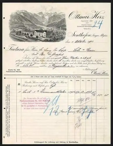 Rechnung Sonthofen /bayer. Allgäu 1913, Firma Ottmar Herz, Das Betriebsgelände mit Alpenblick