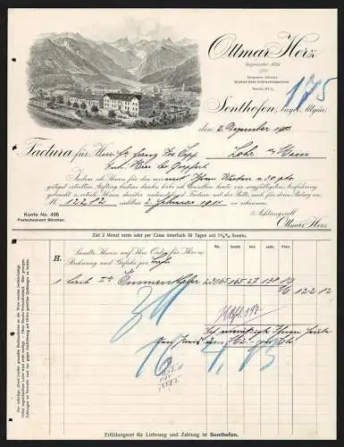 Rechnung Sonthofen /bayer. Allgäu 1913, Firma Ottmar Herz, Das Geschäftsgelände mit Alpenblick