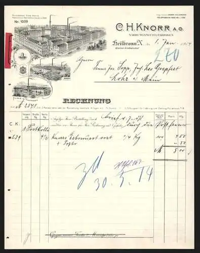 Rechnung Heilbronn a. N. 1914, C. H. Knorr AG, Nahrungsmittel-Fabriken, Hauptwerk und die Filialen Nancy und Thayngen