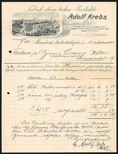 Rechnung Mannheim-Industriehafen 1900, Adolf Krebs, Fabrik chem.-techn. Produkte, Blick auf das Betriebsgelände