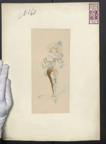 Handzeichnung / Ansichtskarten-Entwurf No. 68, Modell im sexy Hosenanzug, Theater-Kostüm & Dekorations-Atelier Wien