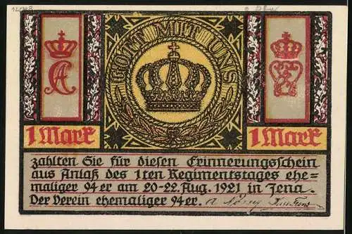 Notgeld Jena 1921, 1 Mark, Die Kaserne in Eisenach, mit Krone und Text über Regimentstag