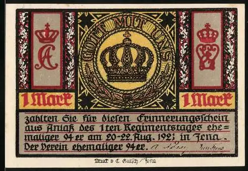 Notgeld Jena 1921, 1 Mark, Krone und Kaserne in Eisenach 1703-1775