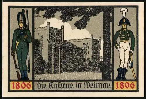 Notgeld Jena 1921, 1 Mark, Die Kaserne in Weimar mit Soldaten und Krone Gott mit uns