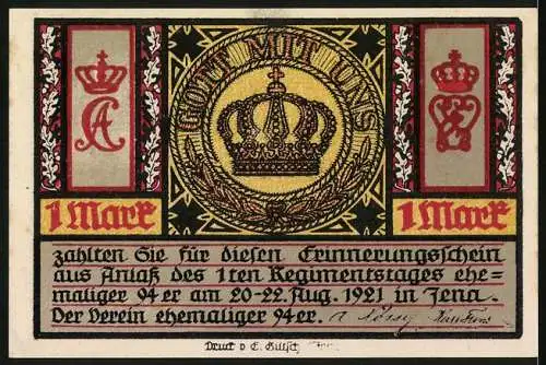 Notgeld Jena 1921, 1 Mark, Die Kaserne in Weimar mit Soldaten und Krone Gott mit uns