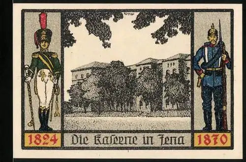 Notgeld Jena, 1921, 1 Mark, Vorderseite: Die Kaserne in Jena, Rückseite: Krone mit Schriftzug Gott Mit Uns