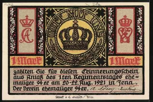 Notgeld Jena, 1921, 1 Mark, Vorderseite: Die Kaserne in Jena, Rückseite: Krone mit Schriftzug Gott Mit Uns