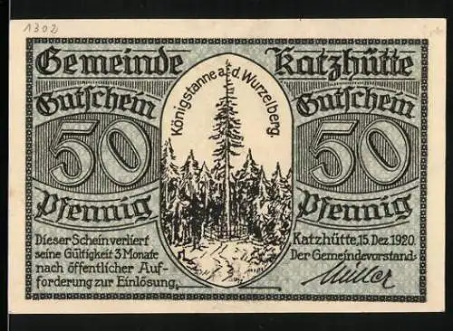 Notgeld Katzhütte, 1920, 50 Pfennig, Königstanne a.d. Wurzelberg, beige Muster, Nr. 08414