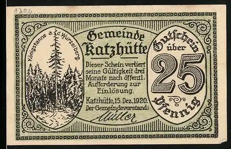 Notgeld Katzhütte, 1920, 25 Pfennig, Gutschein mit Waldmotiv und Seriennummer 12067