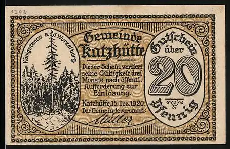 Notgeld Katzhütte, 1920, 20 Pfennig, Gemeinde Katzhütte Gutschein mit Waldmotiv und Seriennummer 13253