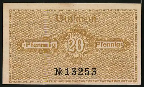 Notgeld Katzhütte, 1920, 20 Pfennig, Gemeinde Katzhütte Gutschein mit Waldmotiv und Seriennummer 13253