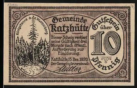 Notgeld Katzhütte 1920, 10 Pfennig, Gemeinde-Gutschein mit Königstanne und Wurzelberg