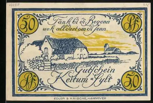 Notgeld Keitum auf Sylt, 1921, 50 Pfennig, Landschaft und Gebäude, Edler & Krische, Hannover