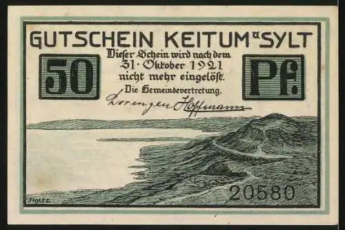 Notgeld Keitum auf Sylt, 1921, 50 Pfennig, Landschaft und Gebäude, Edler & Krische, Hannover