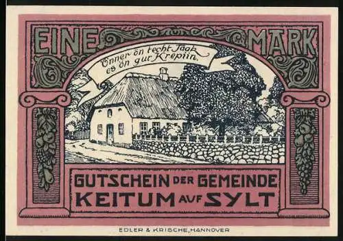 Notgeld Keitum auf Sylt, 1921, eine Mark, Gutschein der Gemeinde mit Häusern und Fischmotiv