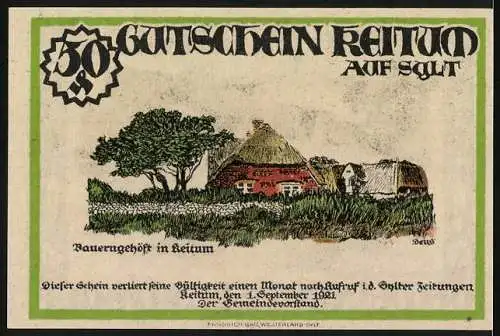 Notgeld Keitum 1921, 50 Pfennig, Bauerngehöfte und Landschaft