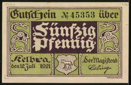 Notgeld Kelbra, 1921, 50 Pfennig, Ruine Rothenburg und Gebäudedarstellung