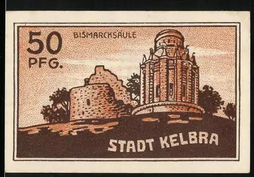 Notgeld Kelbra 1921, 50 Pfennig, Bismarcksäule und Stadt Kelbra