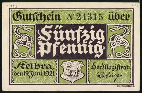 Notgeld Kelbra 1921, 50 Pfennig, Bismarcksäule und Stadt Kelbra