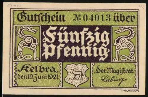 Notgeld Kelbra, 1921, 50 Pfennig, Gutschein mit Kyffhäuser-Denkmal und Wappen