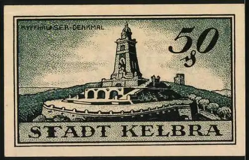 Notgeld Kelbra, 1921, 50 Pfennig, Gutschein mit Kyffhäuser-Denkmal und Wappen