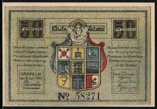 Notgeld Kappeln 1920, 50 Pfennig, Stadtwappen und Fischerboote am Ufer