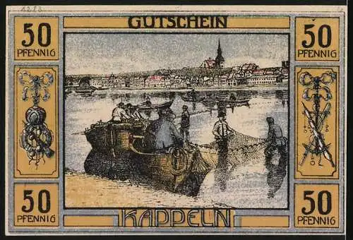 Notgeld Kappeln 1920, 50 Pfennig, Stadtwappen und Fischerboote am Ufer