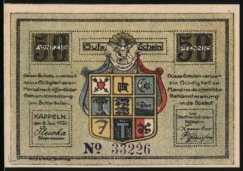 Notgeld Kappeln 1920, 50 Pfennig, Wappen und Fischerboote am Wasser, Stadtansicht im Hintergrund